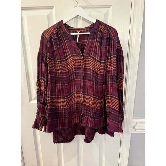 Free People Come On Over Burgundy & Gold Plaid Swing Flannel Over Sized Button D - Picture 3 of 10